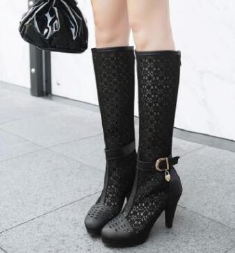 Women High Tube Leather Buckle Heeled Boots