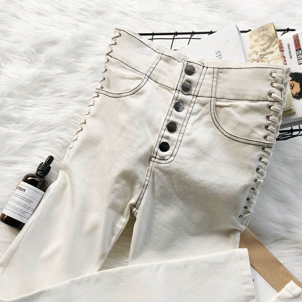 Women Versatile Drawstring White Jeans