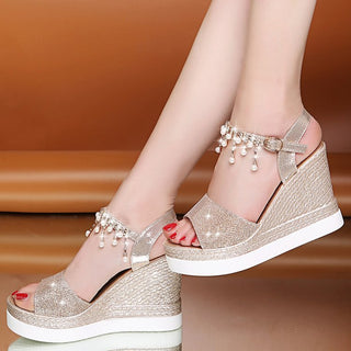 Buy gold Hanging Strap Sparkly Wedge Platform Sandals