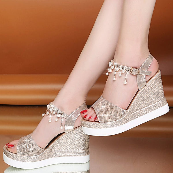 Hanging Strap Sparkly Wedge Platform Sandals