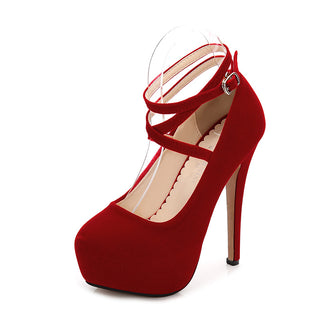 Buy red Thick Cross Strap Leather High Heels