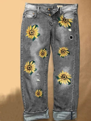 Printed Sunflower Wide-leg Denim Jeans