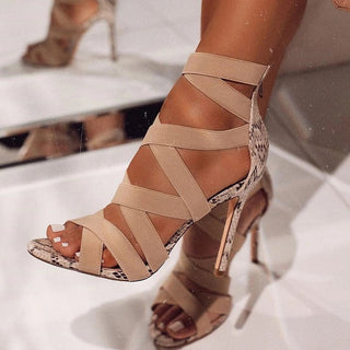 Buy beige Cross Ties Snake Pattern High Heels