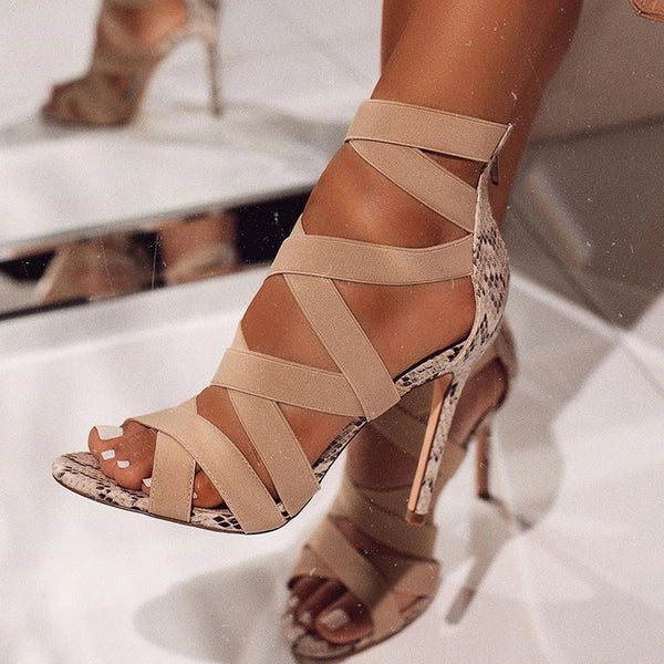 Cross Ties Snake Pattern High Heels