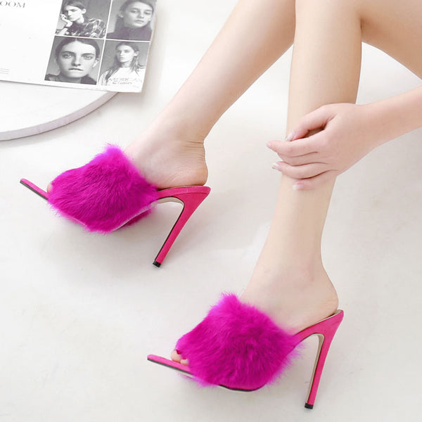 Women Fur Strapped PU High Heels