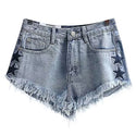 Denim High Waist Threaded Edge Star Shorts