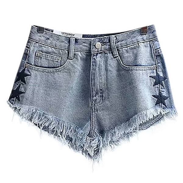 Denim High Waist Threaded Edge Star Shorts