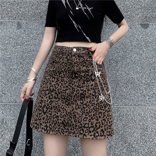 Harajuku Style Denim Leopard Print High Waist Skirt