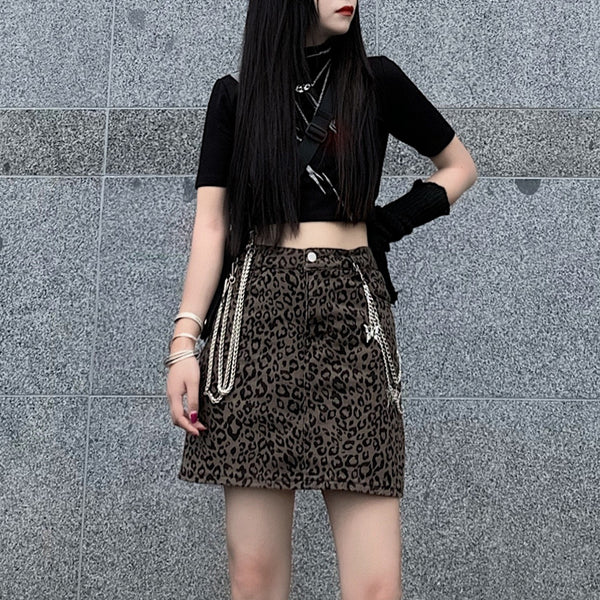 Harajuku Style Denim Leopard Print High Waist Skirt