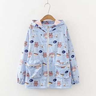 Buy blue Printed Loose Hooded Trench Coat