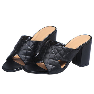 Buy black Pure Color Cross-Tail Thick Leather High Heels