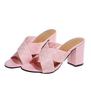 Buy pink Pure Color Cross-Tail Thick Leather High Heels