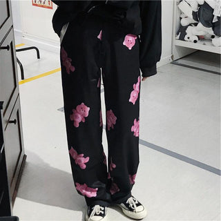 Buy black Wide Leg Casual Bear Printed Pants