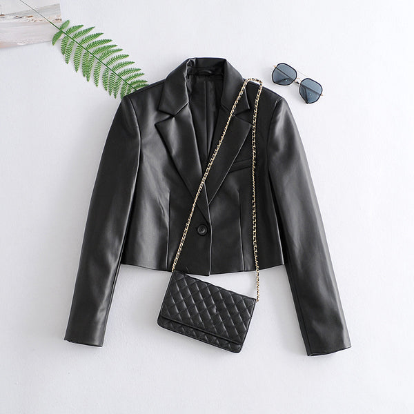 Women Leather One-button Blazer Jacket