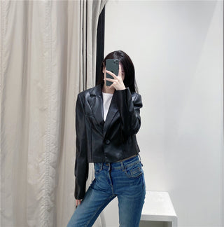 Women Leather One-button Blazer Jacket