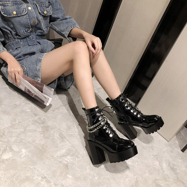 Women Platform Leather Chain Boots