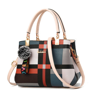 Plaid Patterned Leather Handbag with Pom Pom Extension