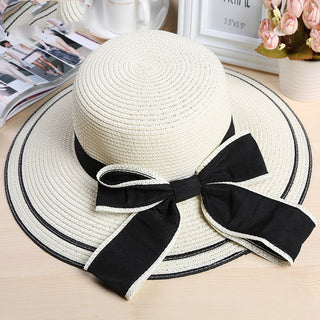 Buy white Women Big Brim Beach Straw Hat with Bow