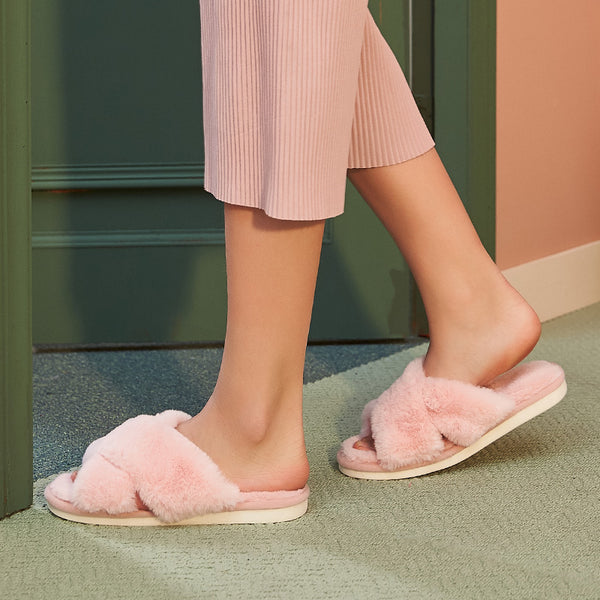 Warm Plush Cross Strapped Comfort Slippers