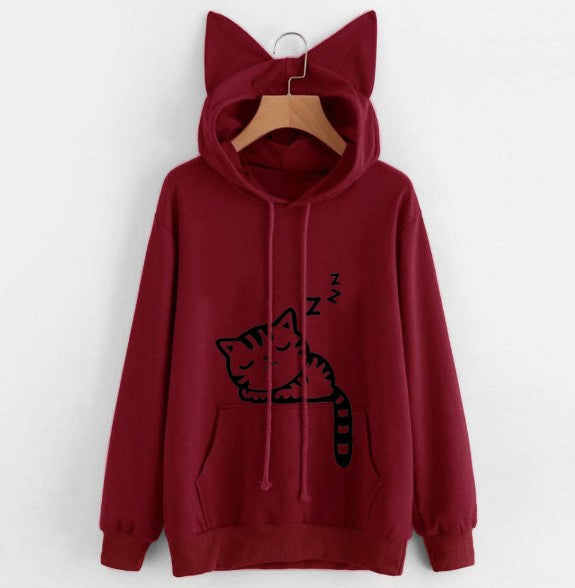 Cat Ears Printed Drawstring Hoodie