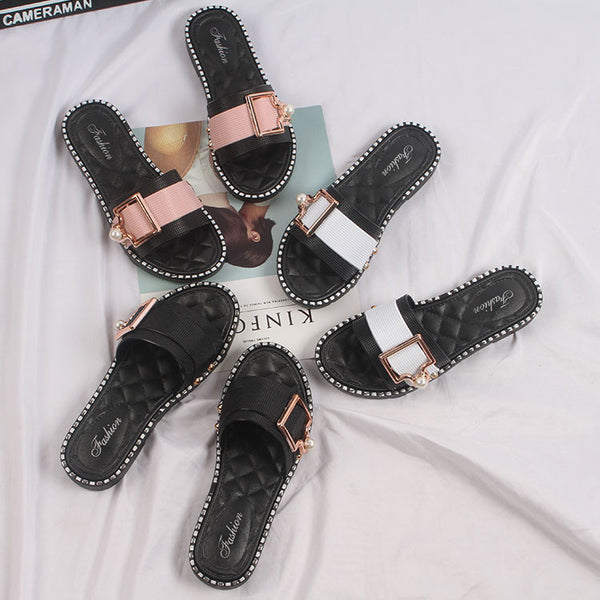 Women Pearl Buckle Flat Sandals