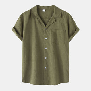 Buy army-green Men Cotton And Linen Short Sleeved Shirt