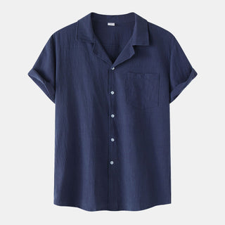 Buy navy-blue Men Cotton And Linen Short Sleeved Shirt