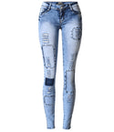 Low Waist Sky Blue Patchwork Skinny Tight Pencil Jeans