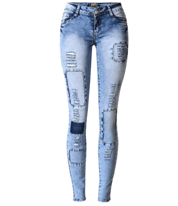 Low Waist Sky Blue Patchwork Skinny Tight Pencil Jeans