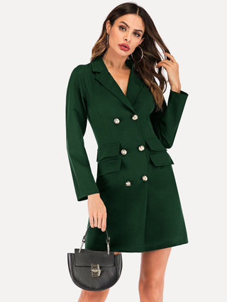 Buy green V-Neck Double-Breasted Blazer Dress