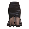 Long Mesh Splicing Pu Leather Skirt