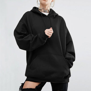 Buy black Loose Solid-Colored Drawstring Hoodie