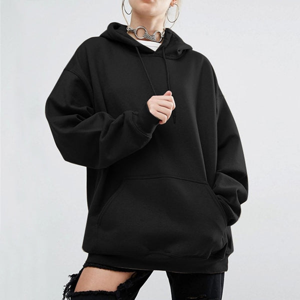 Loose Solid-Colored Drawstring Hoodie