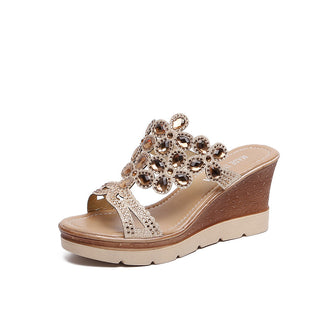 Buy gold Women Rhinestone Platform Slope Heel Sandals