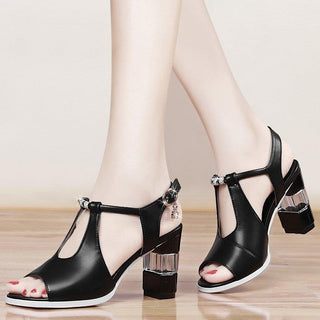 Women Crystal Strap Thick Open Toed High Heels