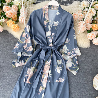 Women Satin Floral Printed V Neck Robe