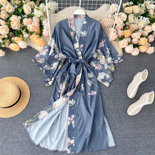 Buy blue Women Satin Floral Printed V Neck Robe