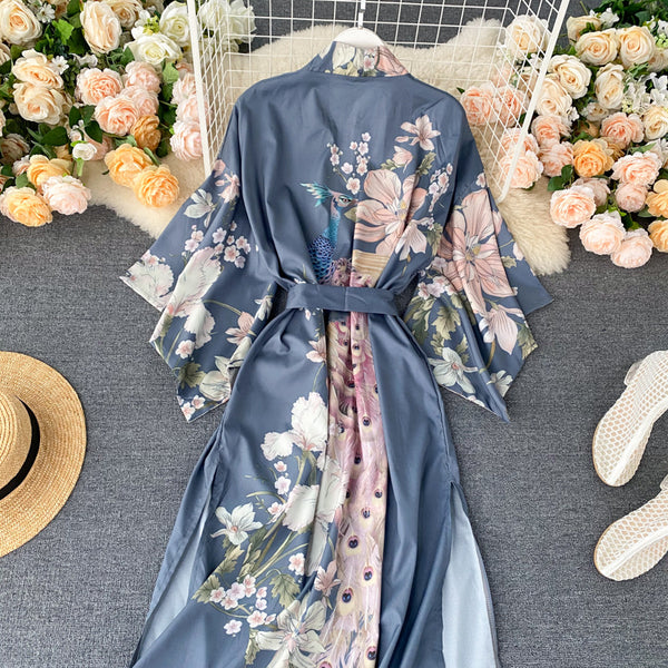 Women Satin Floral Printed V Neck Robe