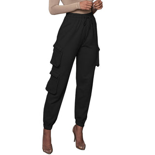 Buy black Women High Waist Drawstring Cargo Sweatpants