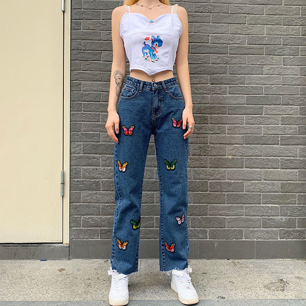 Butterfly and Heart Embroidery Straight Leg Casual Denim Pants