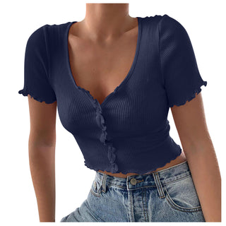 Buy dark-blue Women&#39;s V Neck Ruffles Short Sleeve T Shirt