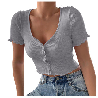 Buy grey Women&#39;s V Neck Ruffles Short Sleeve T Shirt