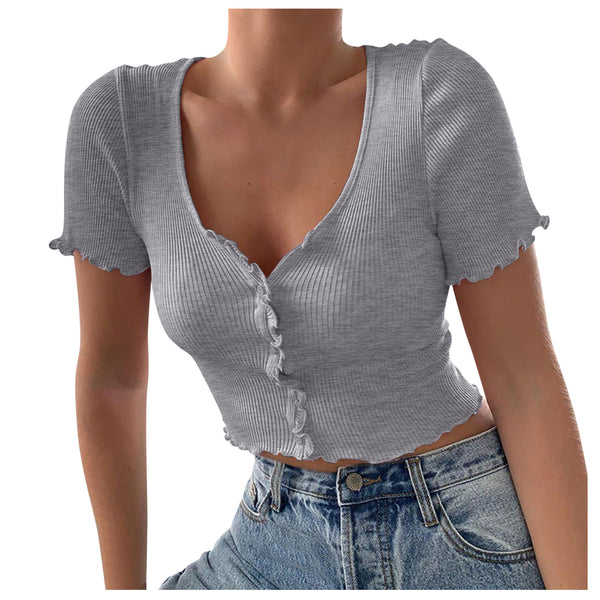 Women's V Neck Ruffles Short Sleeve T Shirt