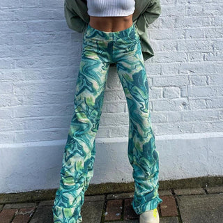 Abstract Print Pleated Straight Leg Pants