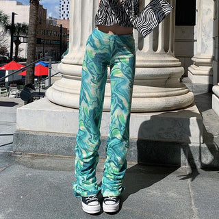 Abstract Print Pleated Straight Leg Pants