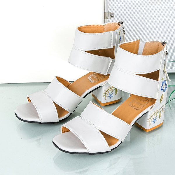 Thick Heel Floral Multi Strap Heeled Sandals