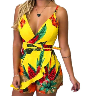 Buy bright-yellow Fashion Print Suspender Jumpsuit