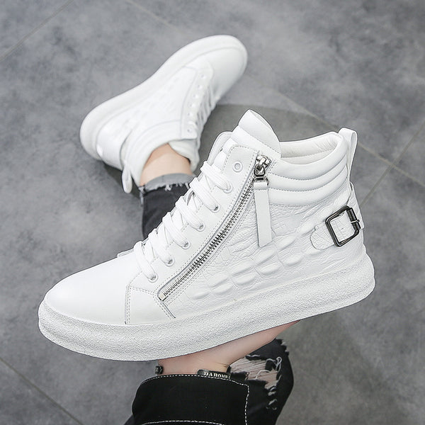 High-top Leather Solid Color Side Zipper Sneakers