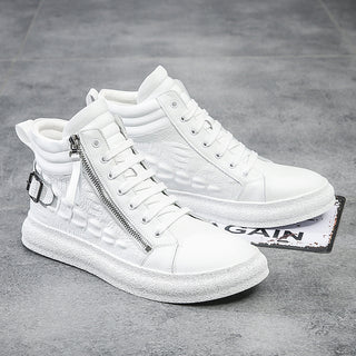 Buy white High-top Leather Solid Color Side Zipper Sneakers