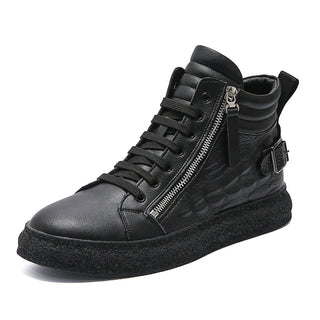 Buy black High-top Leather Solid Color Side Zipper Sneakers